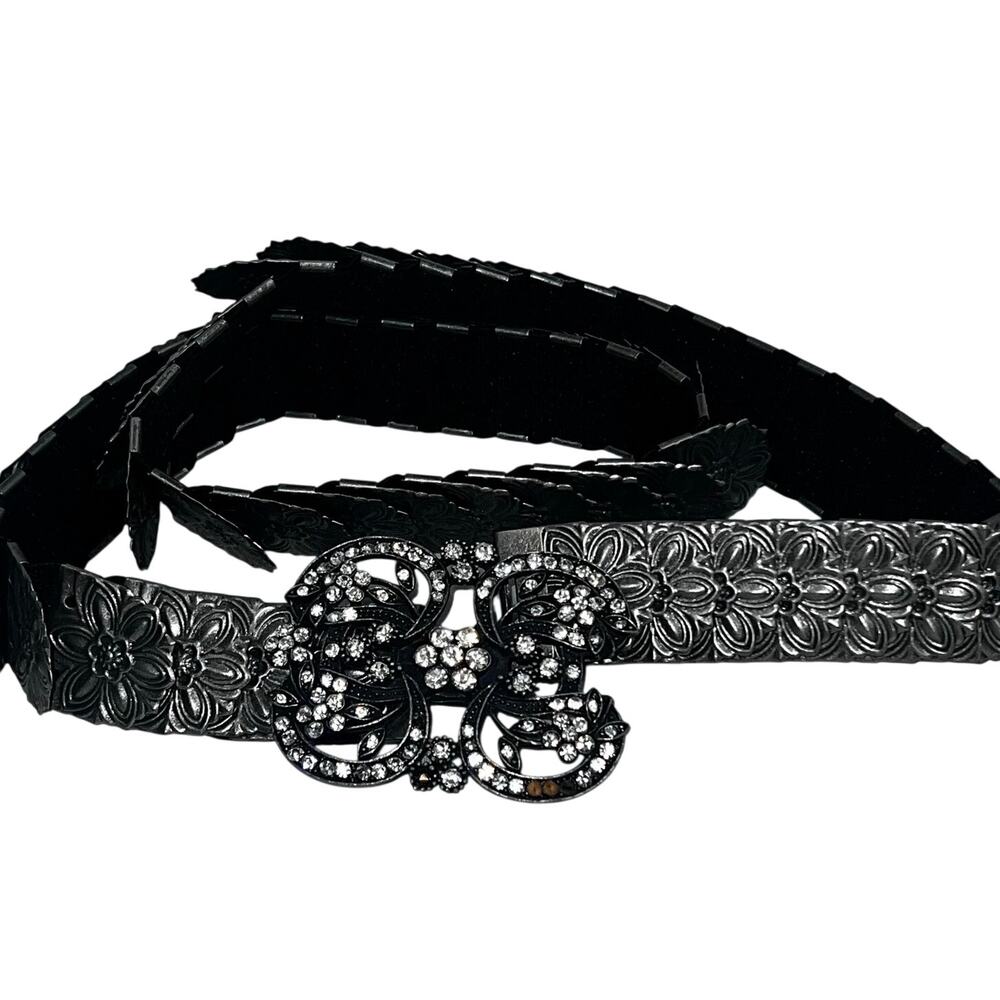 80s 90s Victorian Style Revival Metal Floral Stretch Belt Rhinestone Buckle